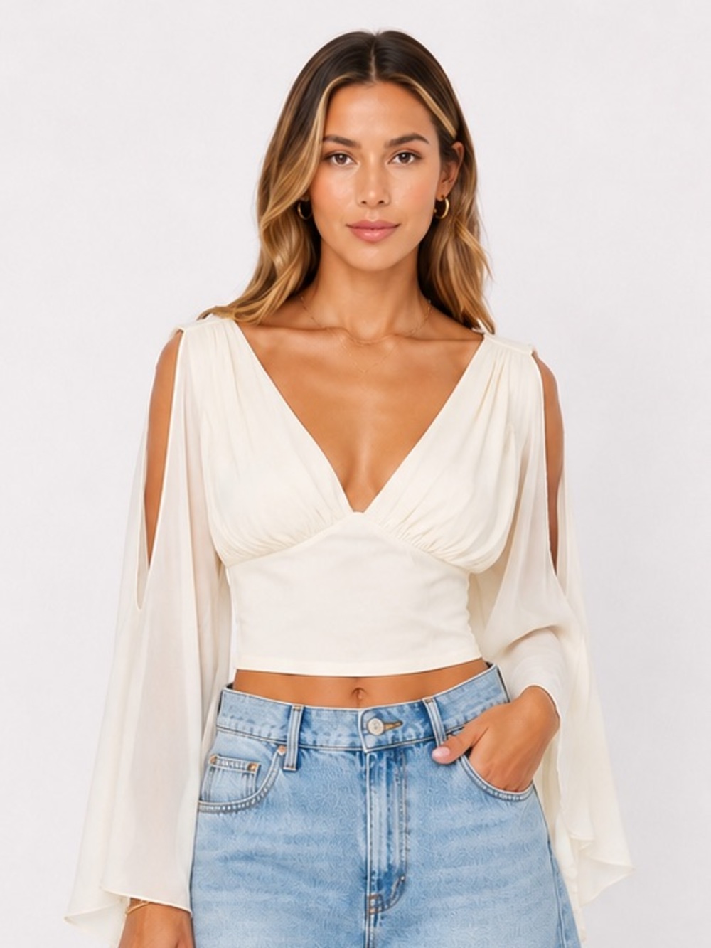 Greek Goddess Ivory V-Neck Cropped Blouse with Flowing Split Sleeves Large New